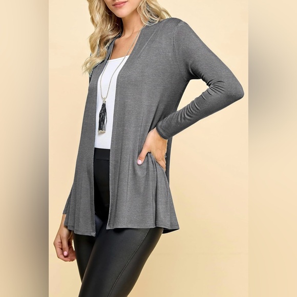 Open Front Drape Lightweight Duster High Low Hem Long Sleeve Cardigan -dark grey - Picture 4 of 7